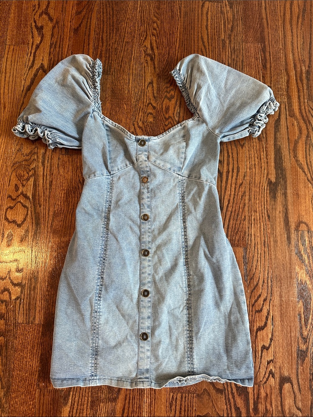 Altar'd State Light Blue Denim Puff Sleeve Button-Front Dress